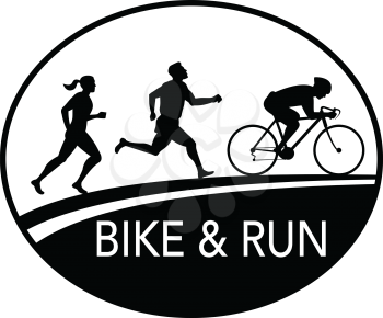 Retro style illustration of a silhouette of a bike and run marathon runner running, cycling, biking riding on bicycle viewed from side set in oval done in black and white.