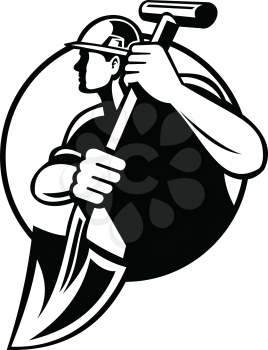 Retro style illustration of a construction worker or builder holding a spade shovel viewed from side  on isolated background in black and white.