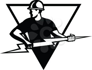 Retro Black and White style illustration of a power lineman or electrician holding a lightning bolt or thunderbolt viewed from side set inside triangle on isolated background.