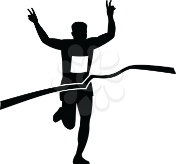 Retro style illustration of a silhouette of victorious marathon runner flashing victory hand sign while finishing at finish line ribbon tape in black and white.