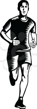 Black and White Illustration of a male marathon runner viewed from front running on isolated white  background done in retro woodcut style.