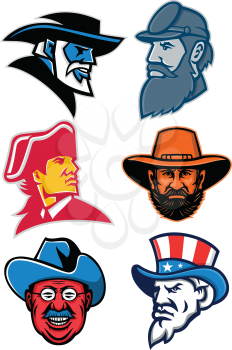 Mascot icon illustration set of heads of American Generals and Statesman like General Robert E Lee, General Stonewall Jackson, General Ulysses Simpson Grant, Theodore Roosevelt of the Rough Riders, an American revolution commander and Uncle Sam on isolated background in retro style.