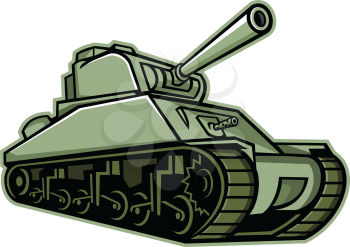 Mascot icon illustration of an M4 Sherman, the most widely used medium tank by the United States and Western Allies in World War II  viewed from a low angle on isolated background in retro style.