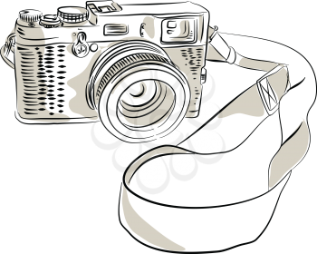 Drawing sketch style illustration of a vintage 35mm SLR  film camera with sling or strap and zoom lens on isolated background.