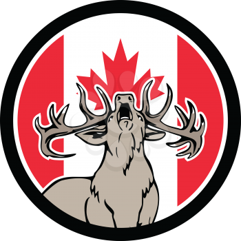 Icon retro style illustration of a Canadian stag deer roaring viewed from front  with Canada maple leaf flag set inside circle on isolated background.