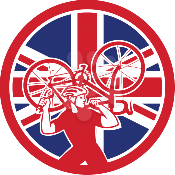 Icon retro style illustration of a British bike mechanic lifting road bicycle   with United Kingdom UK, Great Britain Union Jack flag set inside circle on isolated background.