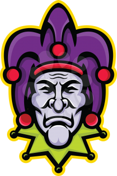 Mascot icon illustration of head of a jester, court jester, or fool, historically an entertainer during the medieval and Renaissance eras viewed from front on isolated background in retro style.