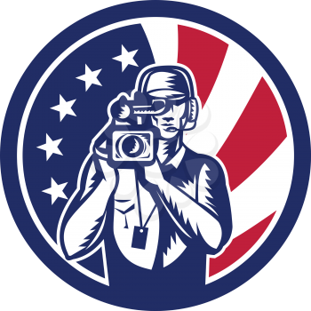 Icon retro style illustration of an American cameraman or camera operator for motion pictures, film or television with United States of America USA star spangled banner flag inside circle.