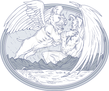 Drawing sketch style illustration of an American Bully Dog  with angel wing Fighting Demon with mountains and sea set inside oval shape on isolated background.