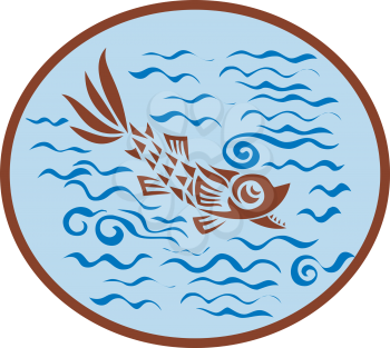 Retro style illustration of a Medieval Fish Swimming in the sea water set inside Oval on isolated background.