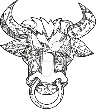 Doodle art illustration of head of Pinzgauer bull or cow, a breeed of  domestic cattle from Pinzgau region, Austria front view in black and white done in mandala style.