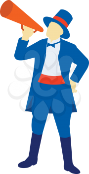Retro style illustration of a ringmaster, ringleader,master of ceremonies, a significant performer in a circus, shouting, holding a bullhorn on isolated background.