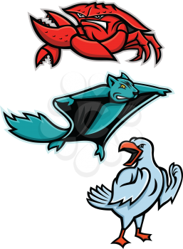Mascot icon illustration set of angry animal wildlife like the red king crab or land  crab, northern flying squirrel and gull or seagull on isolated background in retro style.