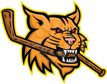Mascot icon illustration of head of a bobcat, a North American cat, biting a broken ice hockey stick viewed from side on isolated background in retro style.