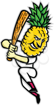 Mascot icon illustration of a pineapple batting with baseball bat viewed from side on isolated background in retro style.
