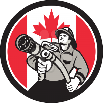 Icon retro style illustration of a Canadian firefighter or fireman holding a fire hose front view with Canada maple leaf flag set inside circle on isolated background.
