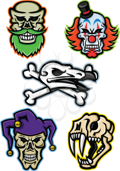 Mascot icon illustration set of skull heads and bones of a bearded hipster skull, whiteface clown skull, vulture or condor with crossed bones, court jester or joker skull and saber-toothed cat  viewed from  on isolated background in retro style.