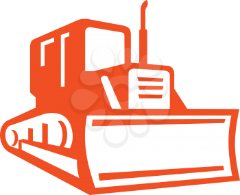 Icon retro style illustration of red bulldozer, excavator or construction heavy equipment viewed from front on isolated background.