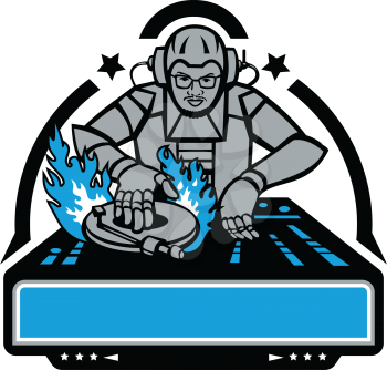 Mascot icon illustration of a futuristic African American disc jockey, dj ordeejay scratching turntable on fire  viewed from front on isolated background in retro style.