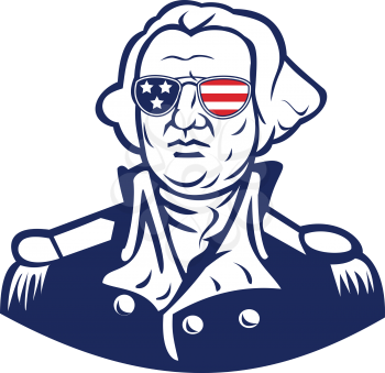 Mascot icon illustration of head of American president and founding father, George Washington wearing sunglasses with USA flag stars and stripes viewed from front on isolated background in retro style.