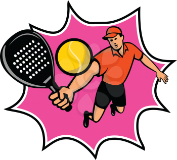 Mascot icon illustration of a padel player, a racquet sport with stringless racket jumping at ball viewed from front on isolated white background in retro style in full color.