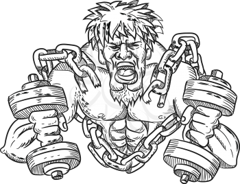 Cartoon style illustration of a muscular, buffed or ripped male athlete with goatie and dumbbells breaking free from chains and shackle viewed from front done in black and white.