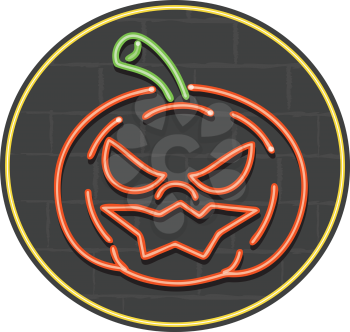 Retro style illustration showing a 1990s neon sign light signage lighting of Halloween jack-o-lantern pumpkin grinning, laughing on black brick wall  set inside circle on isolated background.