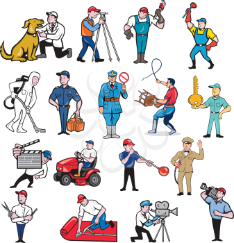 Set or collection of cartoon mascot style illustration of tradesman, surveyor, plumber, cleaner, paramedic, policeman, lion trainer, locksmith, gardener, glassmaker, carpet layer, cameraman and barber on isolated background.