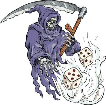 Drawing sketch style illustration of the personification of death, the Grim Reaper holding a scythe throwing and rolling the dice on isolated white background done in color.