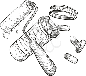 Drawing sketch style illustration of a concept of paint doctor showing a crossed paint roller and medicine or pill capsule container bottle on isolated white background in black and white.