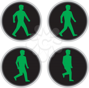 Retro style illustration of walk cycle sequence of a traffic signal light with green man walking for pedestrian crossing on isolated background.