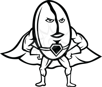 Mascot icon illustration of a Coffee bean superhero wearing a cape with hands and arms akimbo viewed from front on isolated background in Black and White retro style.