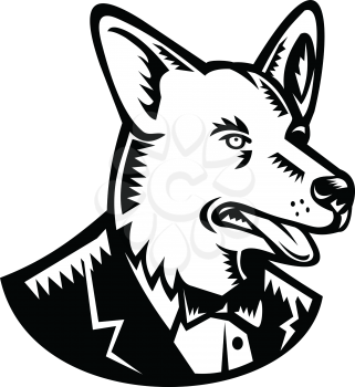 Retro woodcut style illustration of a Pembroke Welsh Corgi dog wearing a tuxedo coat and tie looking to side on isolated white background done in black and white.