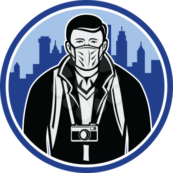 Retro style illustration of tourist wearing surgical mask for coronavirus, COVID-19, 2019-nCoVon or human flu influenza with building in back set inside circle isolated background.