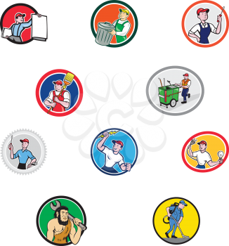 Set or collection of cartoon character mascot style illustration of tradesman, industrial worker like garbage collector, mechanic, electrician, cleaner, mechanic set in circle on isolated background.