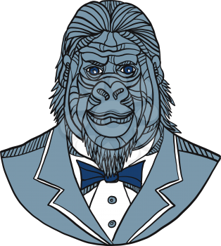 Mono line illustration of bust of a gorilla or ape wearing tuxedo jacket coat and tie suit viewed from front done in color monoline style.