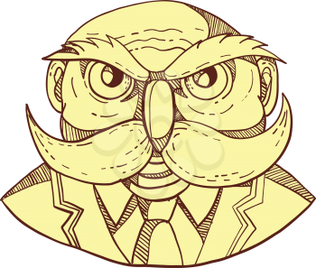 Doodle art illustration of an angry old bald man that looks like an owl with mustache wearing coat and tie viewed from front done in color caricature style.