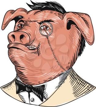 Drawing sketch style illustration of a noble aristocrat pig wearing a monocle and business suit with tie or tuxedo looking up on isolated white background.