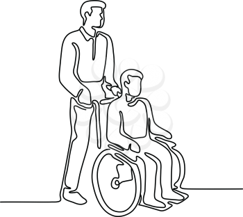 Continuous line illustration of a hospital patient or disable person with handicap sitting or being push on wheelcahir by a male nurse done in monoline style.