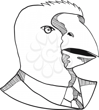 Drawing sketch style illustration of head of a takahe, the South Island takahe or notornis, a flightless bird indigenous to New Zealand, wearing a business suit coat and tie in black and white. 