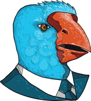 Drawing sketch style illustration of head of a takahe, the South Island takahe or notornis, a flightless bird indigenous to New Zealand, wearing a business suit and tie on isolated white background.