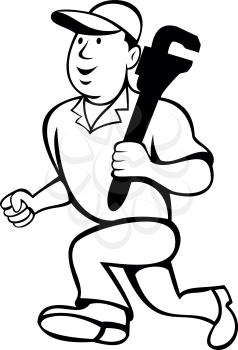 Cartoon style illustration of a plumber or handyman holding carrying a monkey wrench and running on isolated white background done in black and white.