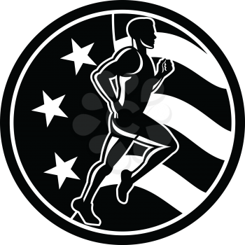 Black and White Retro style illustration of a silhouette of an American marathon runner running viewed from side with USA stars and stripes flag inside circle on isolated white background.