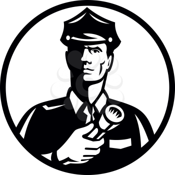 Illustration of a security guard, law enforcement officer, police officer or policeman holding a flashlight torch set inside circle on isolated background done in retro Black and White style.
