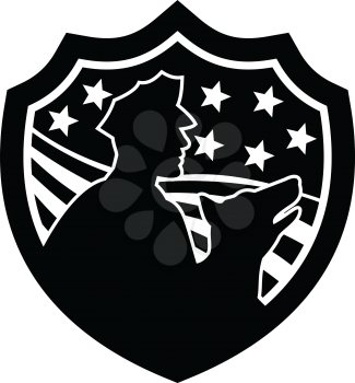 Black and White badge Illustration of a silhouette of an American policeman or security guard with police dog with USA stars and stripes set inside shield done in retro style.