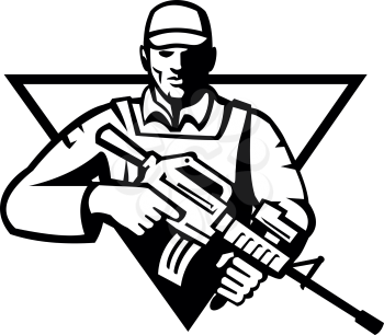 Illustration of an American soldier military serviceman or veteran holding an assault rifle set inside triangle viewed from front during Memorial Daydone in retro black and white style. 