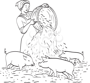 Line art drawing illustration of female peasant farmer feeding pigs done in monoline style black and white.