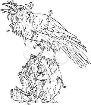 Line art drawing illustration of a raven perching on top of human skull that is dripping with earthworm or borrowing worm done in monoline tattoo style black and white.