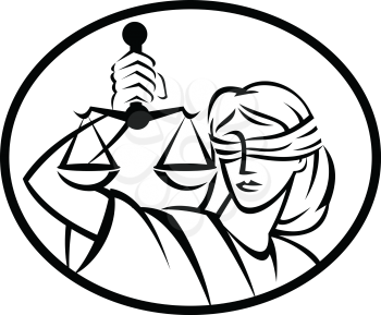 Retro style illustration of Lady Justice with blindfold and beam balance or weighing scale set inside oval on isolated background done in black and white.