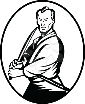 Black and white illustration of a Samurai warrior with katana sword in fighting stance viewed from front set inside oval shape done in retro woodcut style on isolated background.